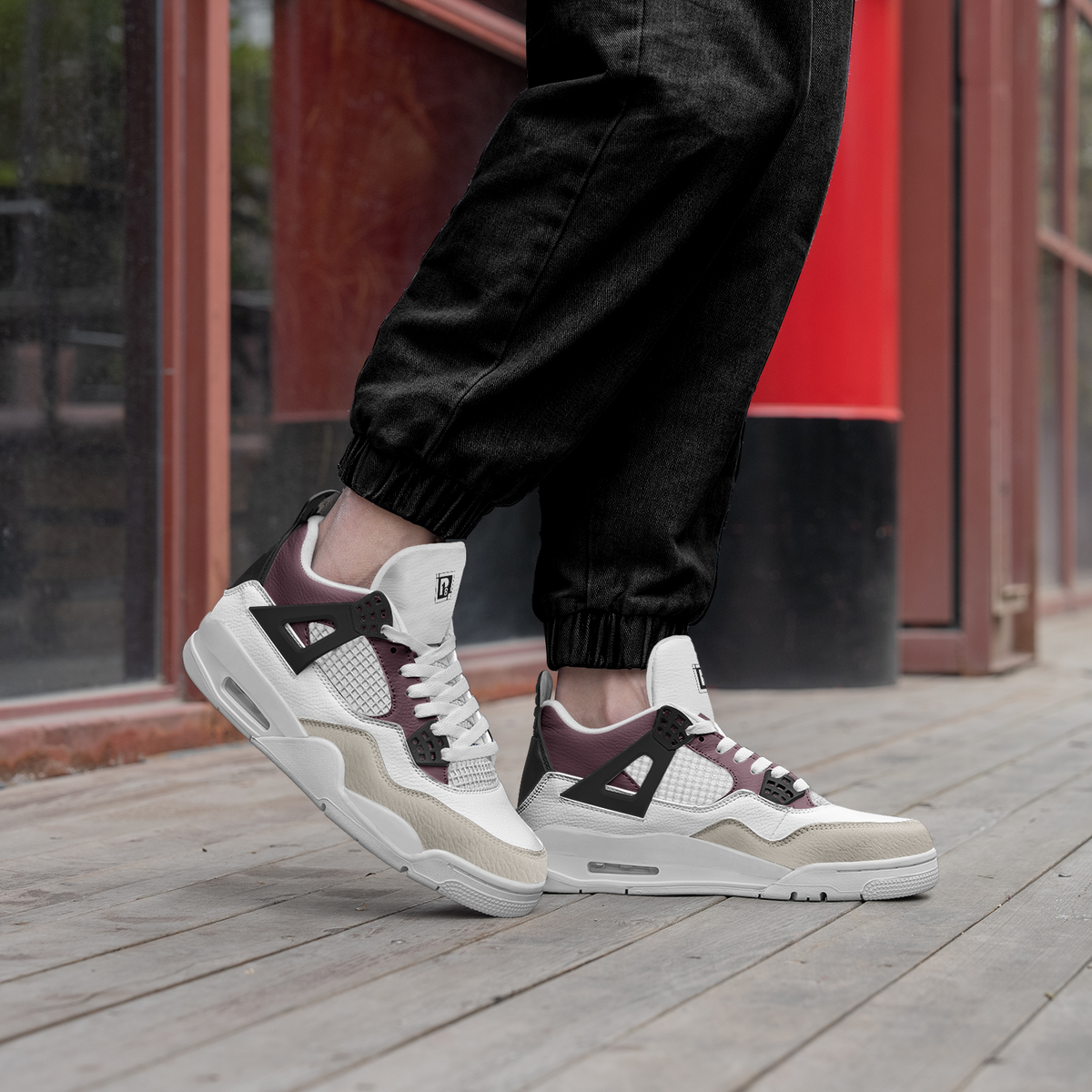 Men's White, Burgundy, and Beige Athletic Sneakers