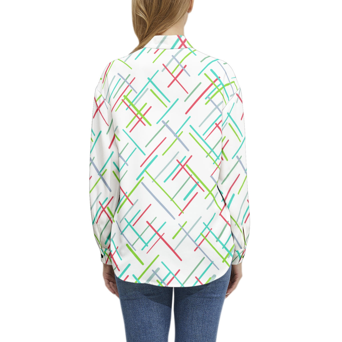 Women's White Geometric Striped Button-Up Shirt