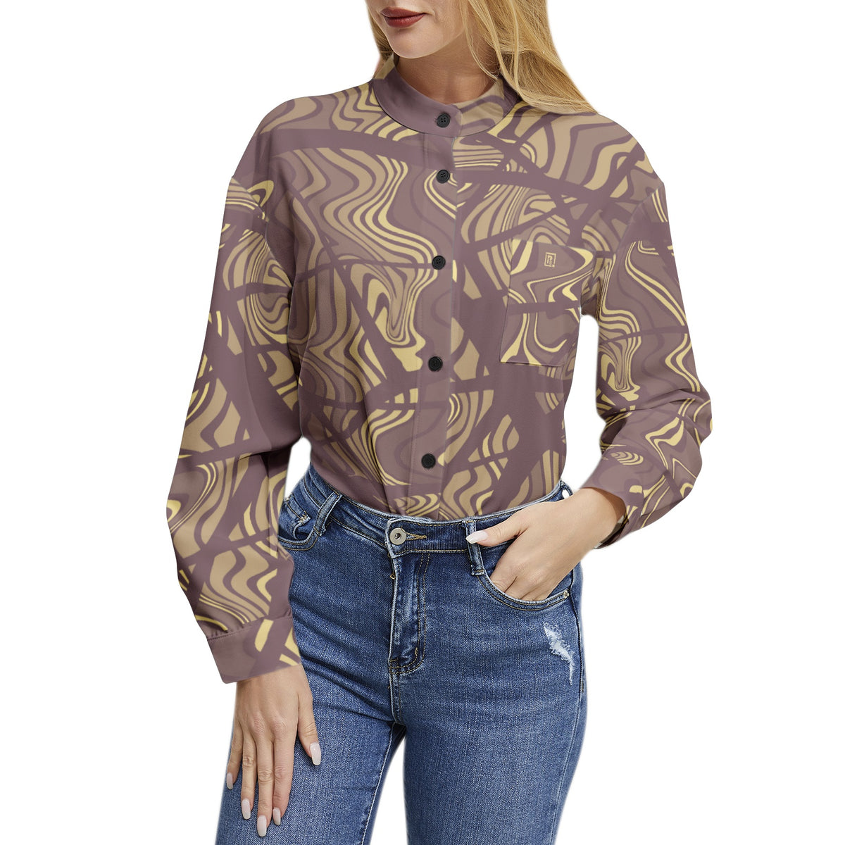 Women's Earth-Toned Abstract Print Button-Up Shirt – Modern & Chic