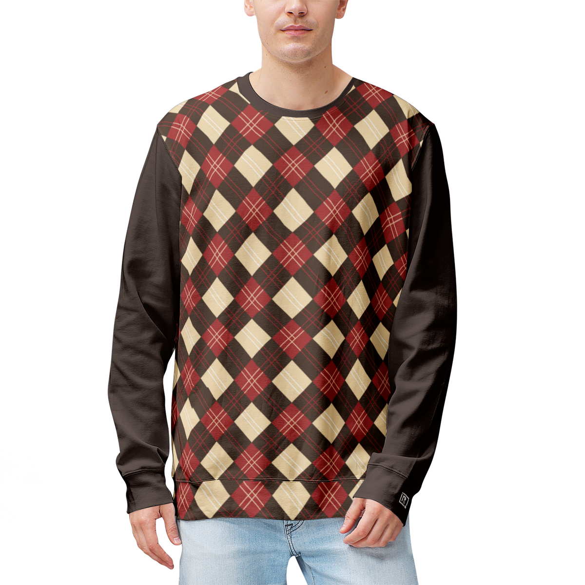 Men’s Argyle Pattern Sweatshirt – Retro Red, Beige & Brown