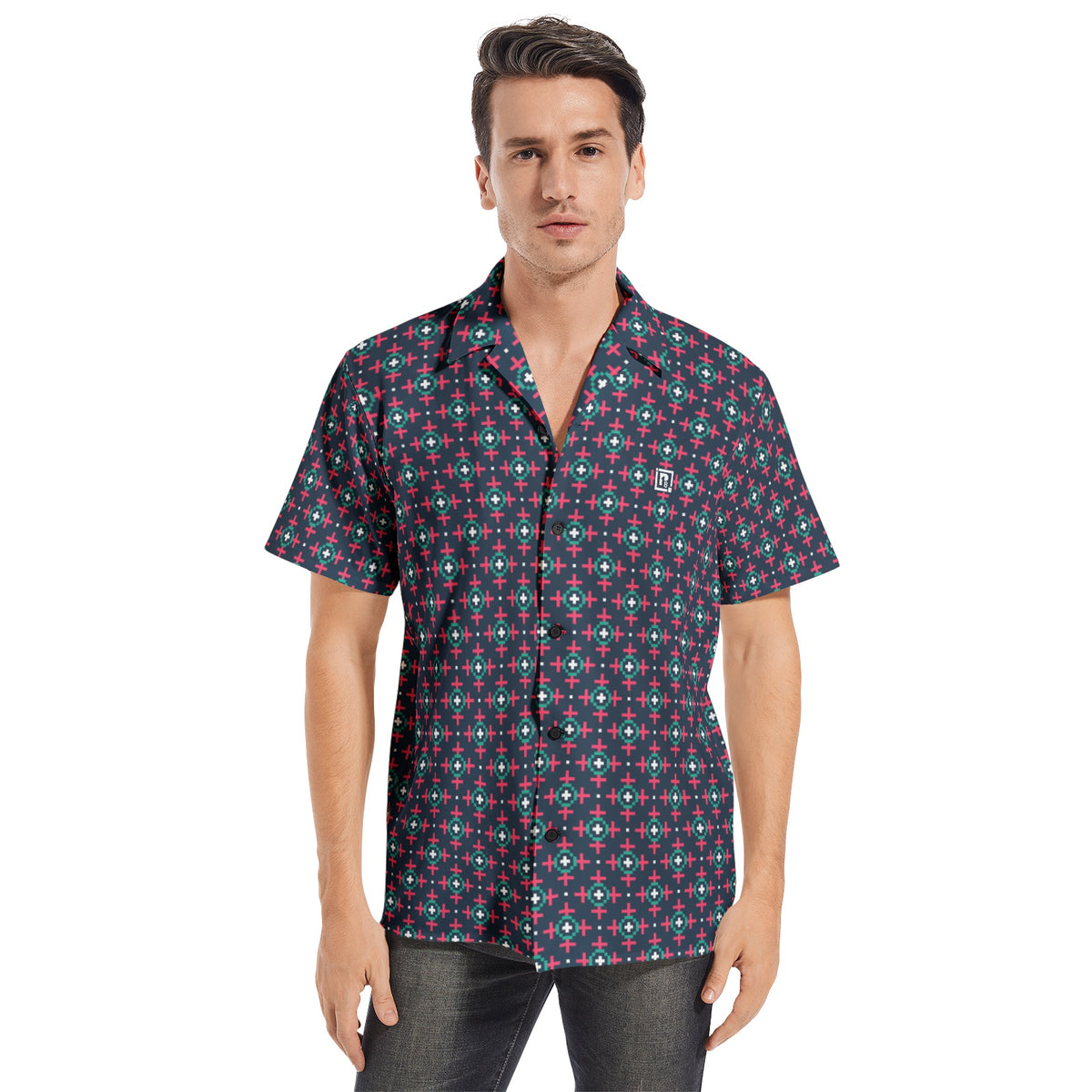 Men’s Short Sleeve Navy Blue Printed Shirt