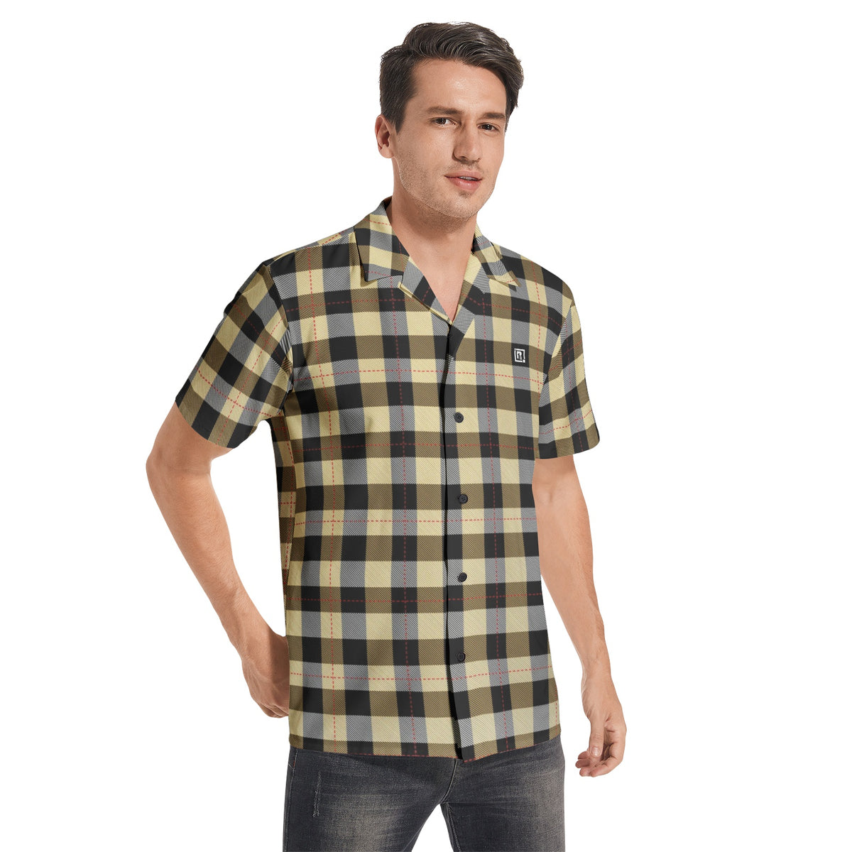 Men’s Beige & Black Checkered Short Sleeve Shirt