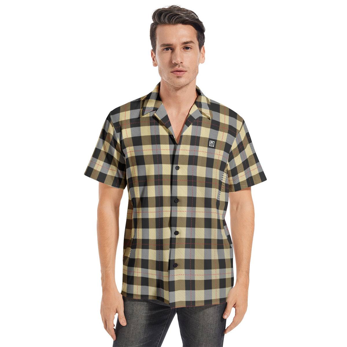 Men’s Beige & Black Checkered Short Sleeve Shirt