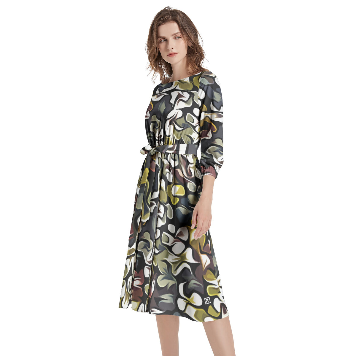 Boat Neck Belted Flared Dress