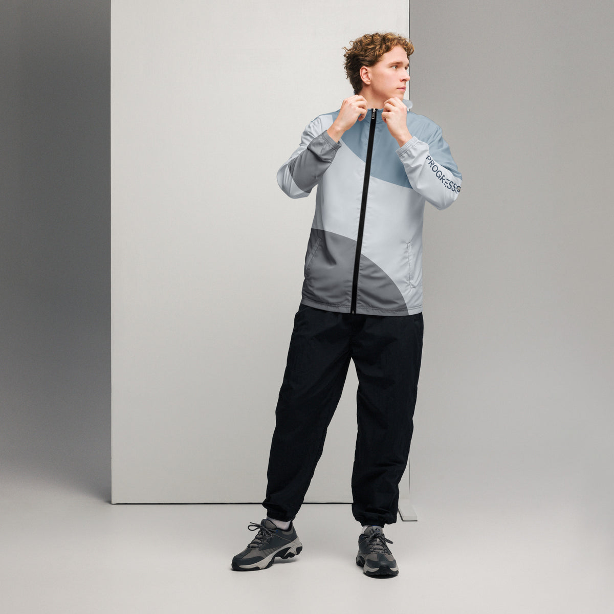 Men’s Blue & Gray Colorblock Hooded Windbreaker