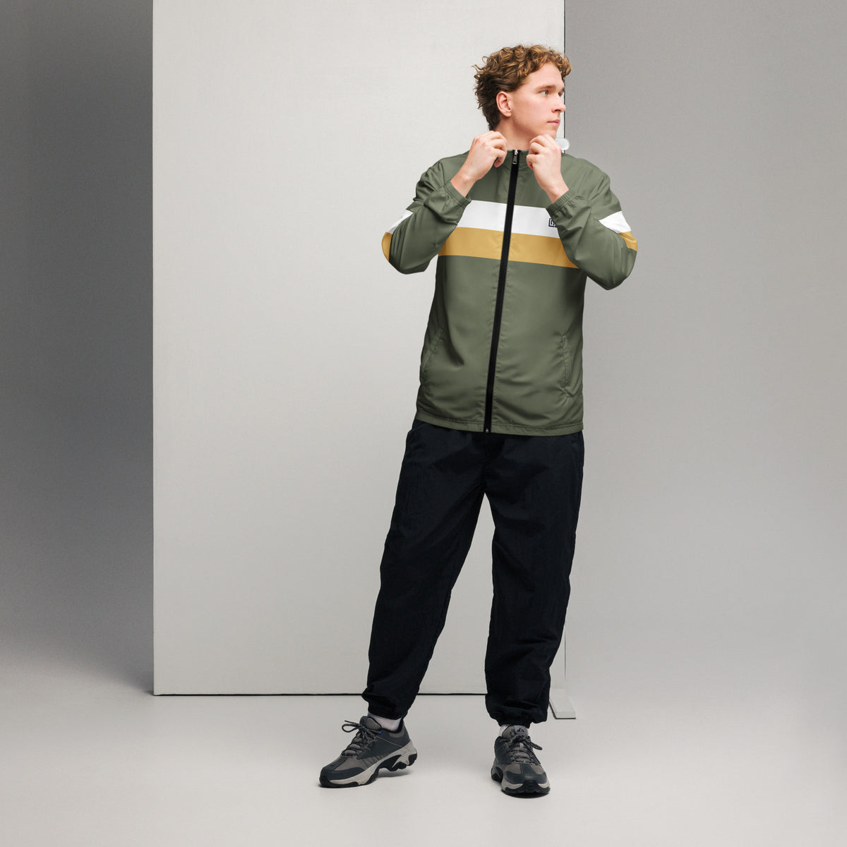 Men’s Olive Green Striped Hooded Windbreaker