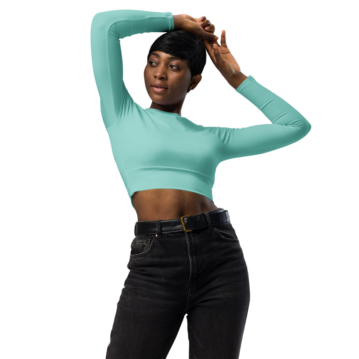 Women's Aqua Blue Long-Sleeve Crop Top