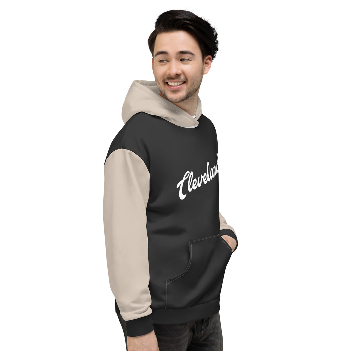 Men's Cleveland All-Over Print Recycled Unisex Hoodie - Beige & Black