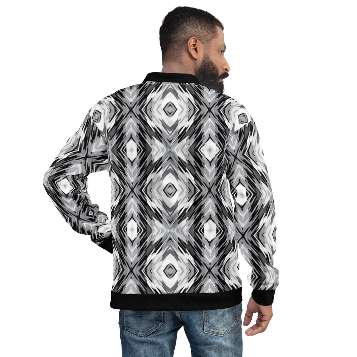 Full Sleeve Black & White Abstract Print Bomber Jacket