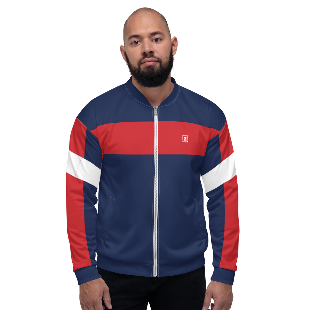 Men's Multicolor Print Bomber Jacket (Navy/Red/White)