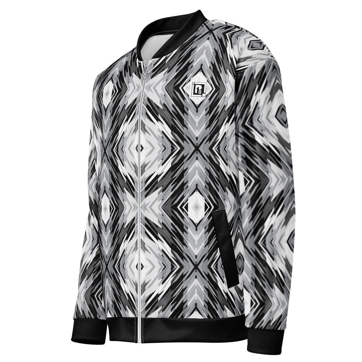 Full Sleeve Black & White Abstract Print Bomber Jacket