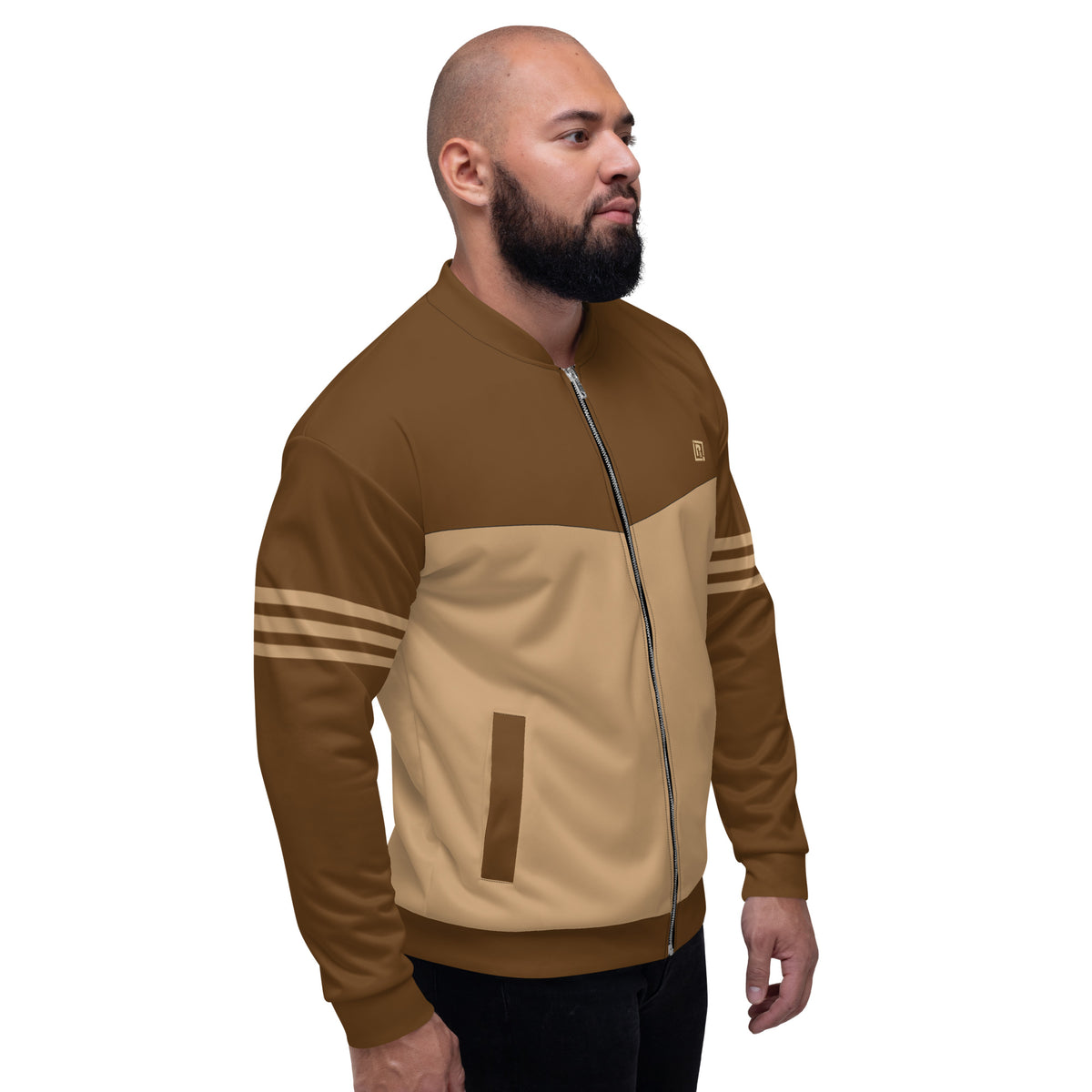 Men's Full Sleeve Brown Color Block Bomber Jacket
