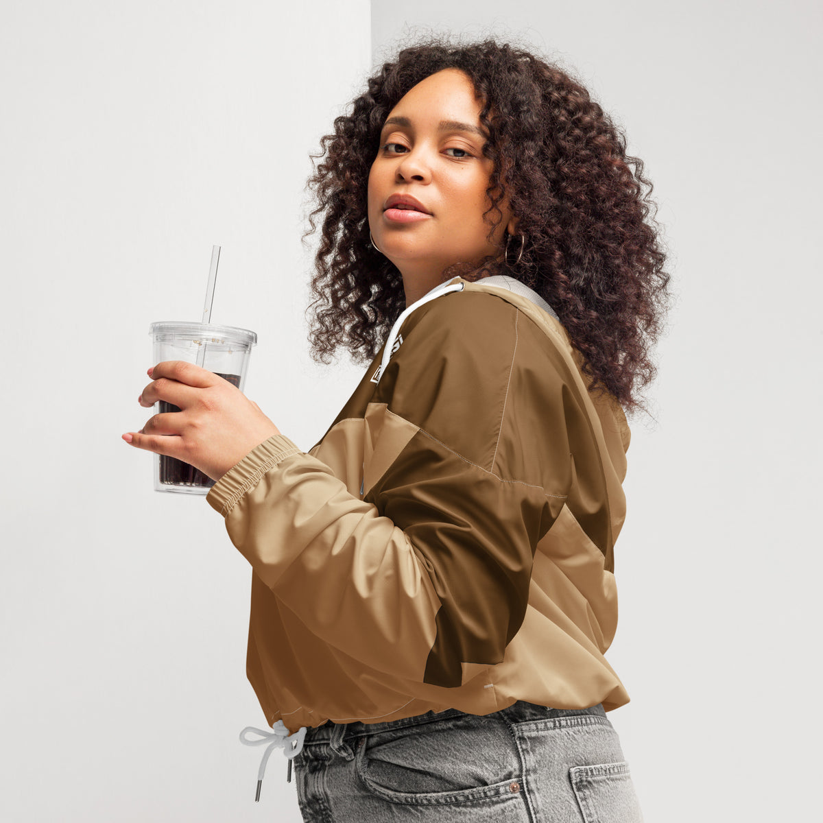 Women's Two-Tone Brown Cropped Windbreaker Jacket