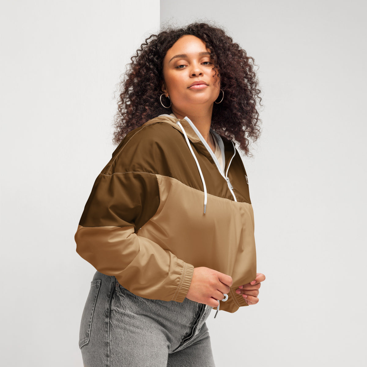 Women's Two-Tone Brown Cropped Windbreaker Jacket