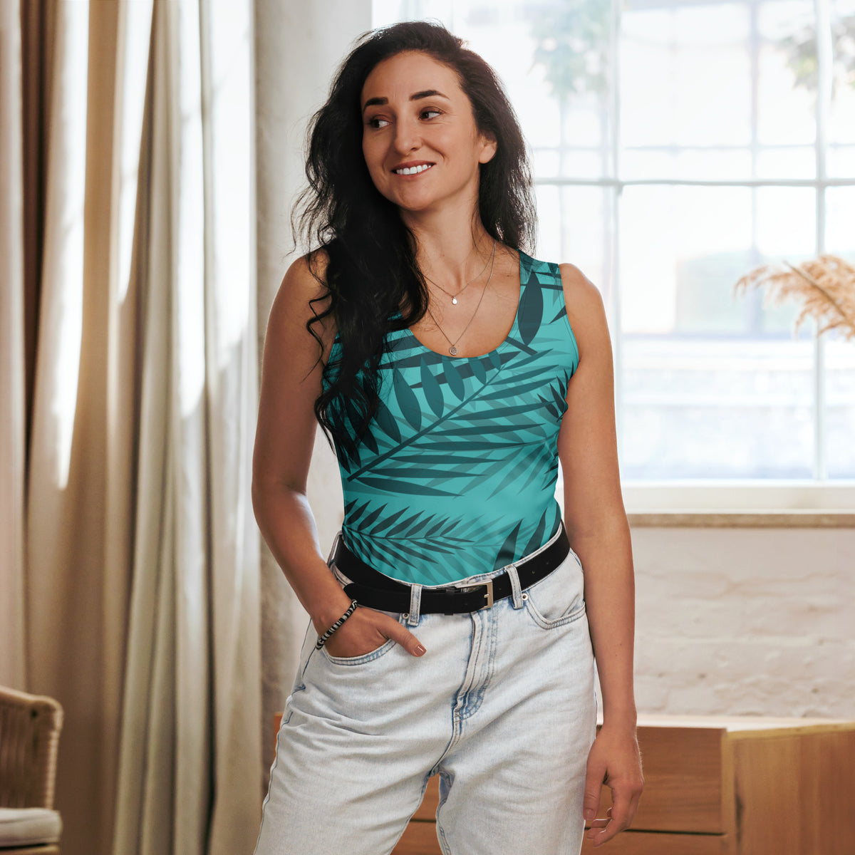 Women's Tropical Palm Print Sleeveless Bodysuit – Chic, Trendy & Comfortable