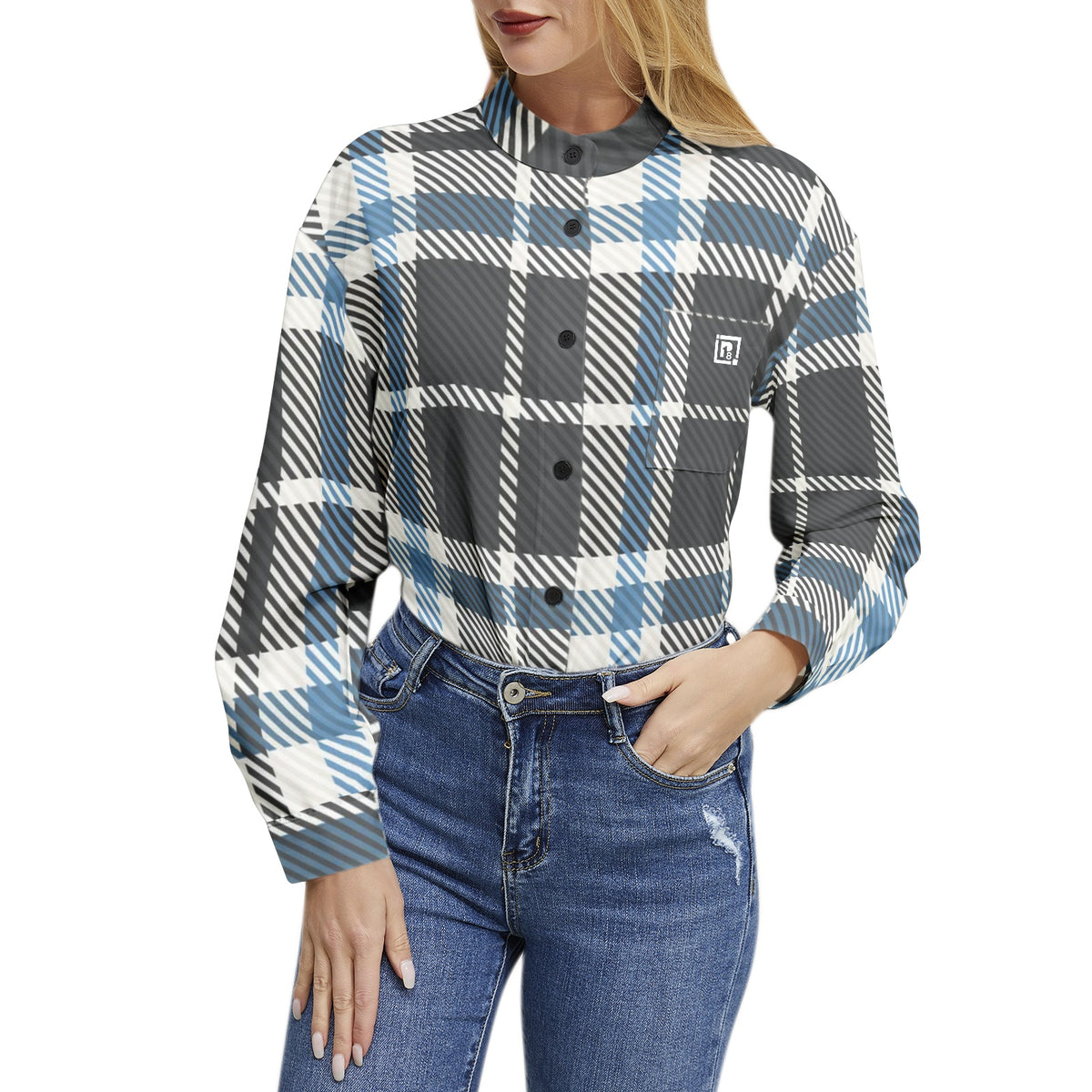 Women's Blue & White Plaid Button-Up Shirt – Classic & Versatile