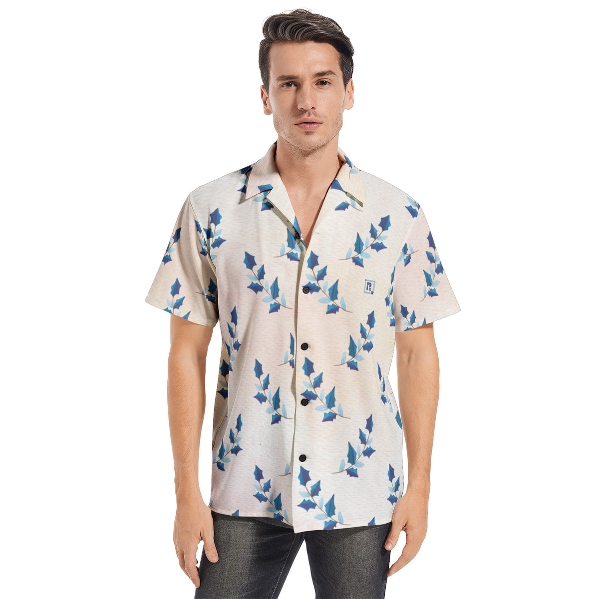 Men’s Blue Leaf Pattern Short Sleeve Shirt