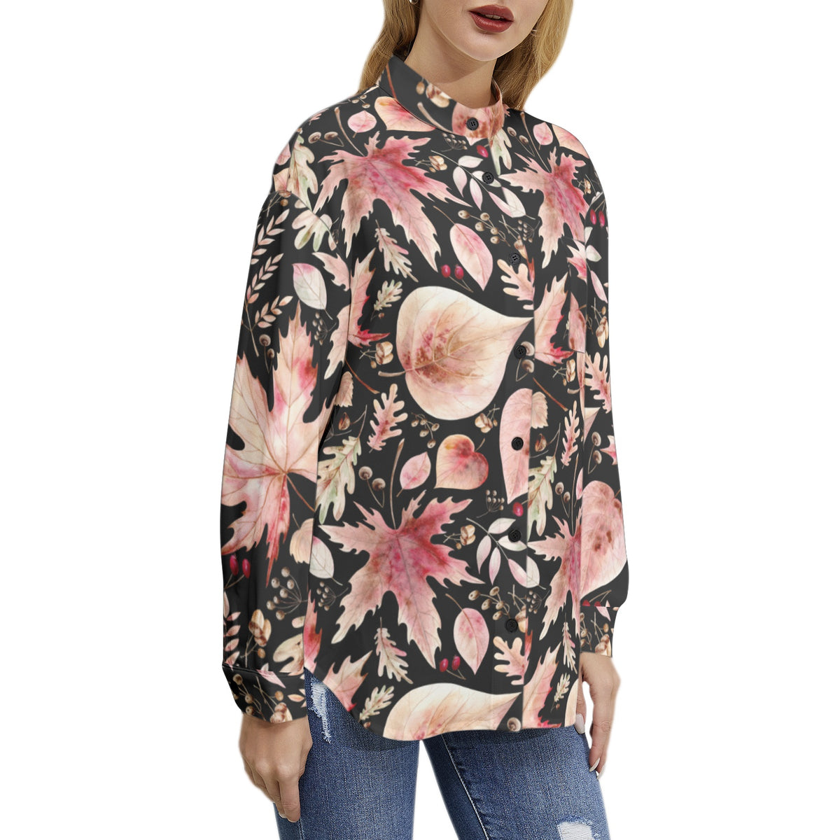 Women's Autumn Leaf Print Button-Up Shirt – Nature-Inspired Elegance