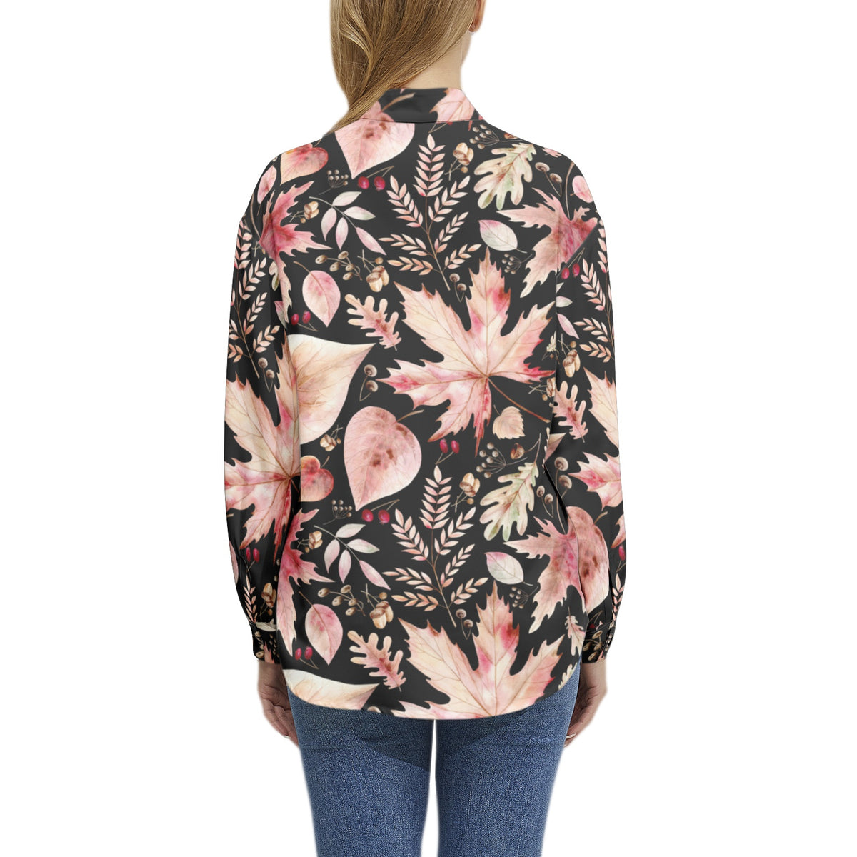 Women's Autumn Leaf Print Button-Up Shirt – Nature-Inspired Elegance