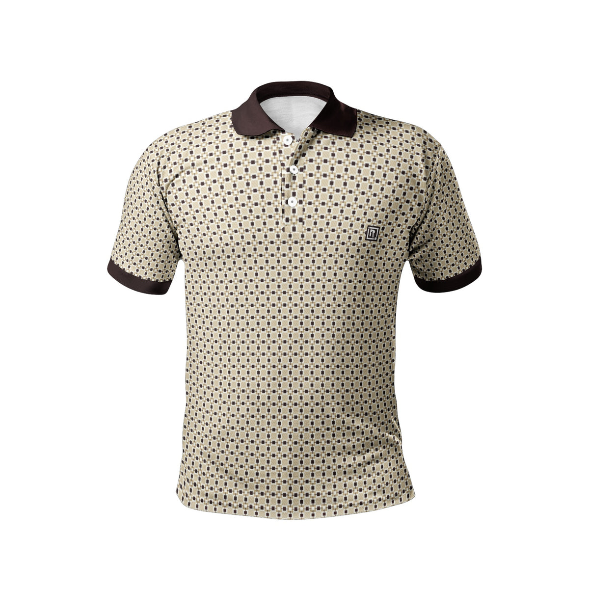 Men’s Beige and Brown Geometric Pattern Polo T-Shirt