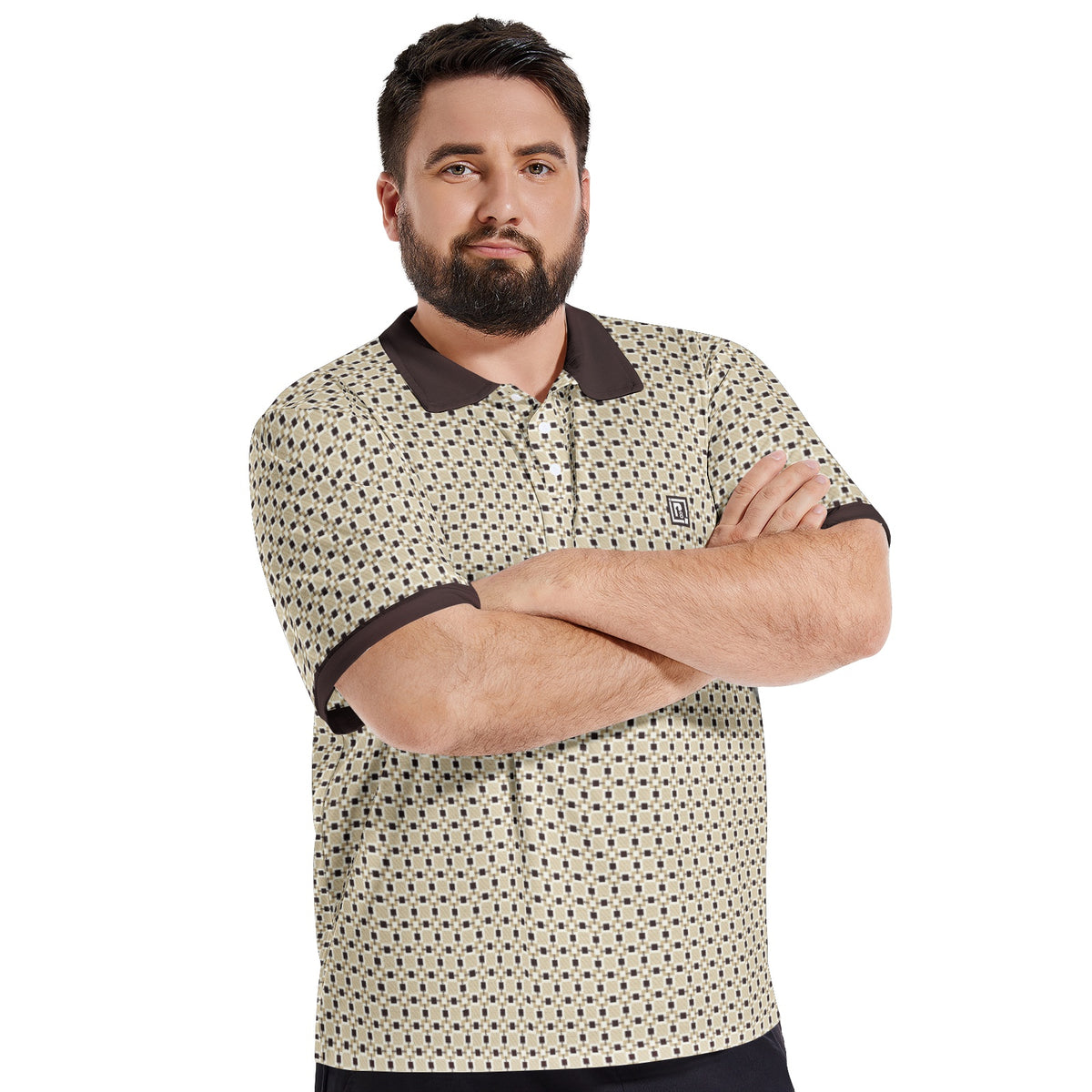 Men’s Beige and Brown Geometric Pattern Polo T-Shirt