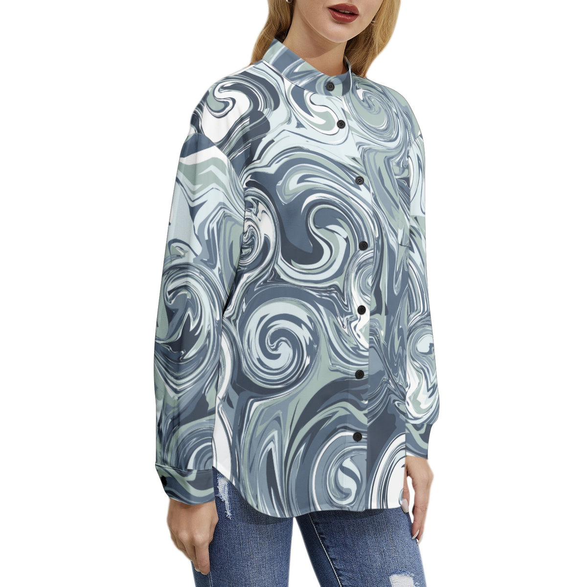 Women's Blue Swirl Print Button-Up Shirt – Bold & Fashion-Forward
