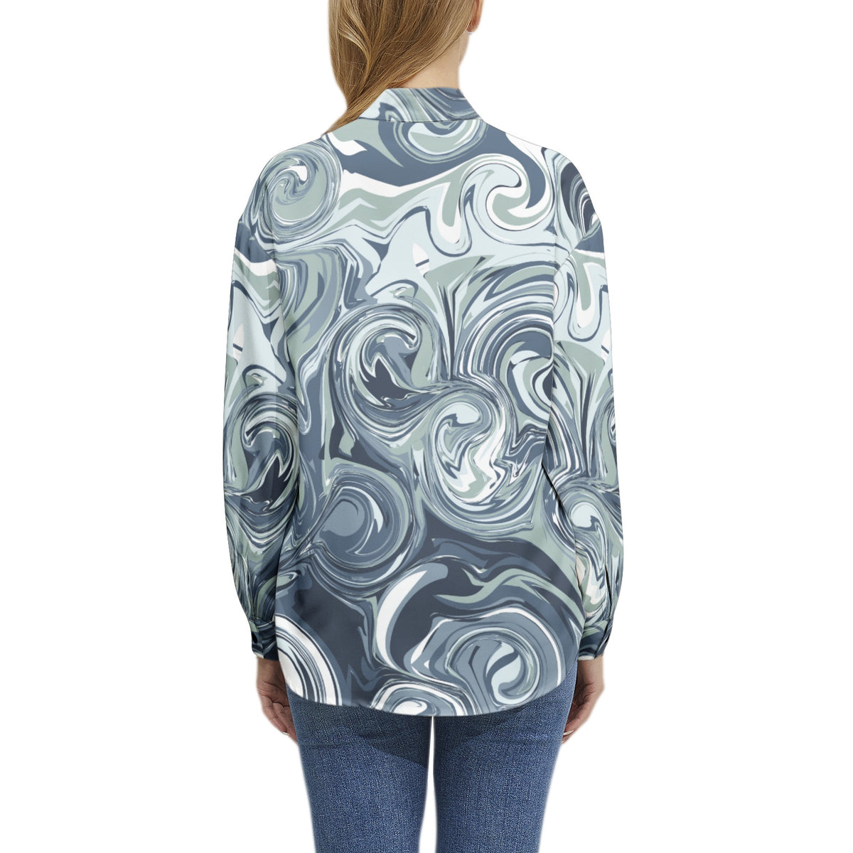 Women's Blue Swirl Print Button-Up Shirt – Bold & Fashion-Forward