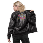 Women's Black Faux Leather Bomber Jacket – "Girls Night" Statement Outerwear