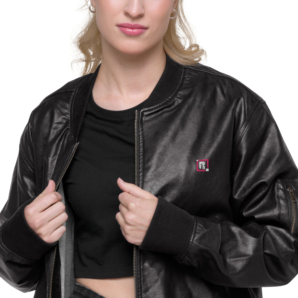 Women's Black Faux Leather Bomber Jacket – "Pretty Girl" Statement Outerwear
