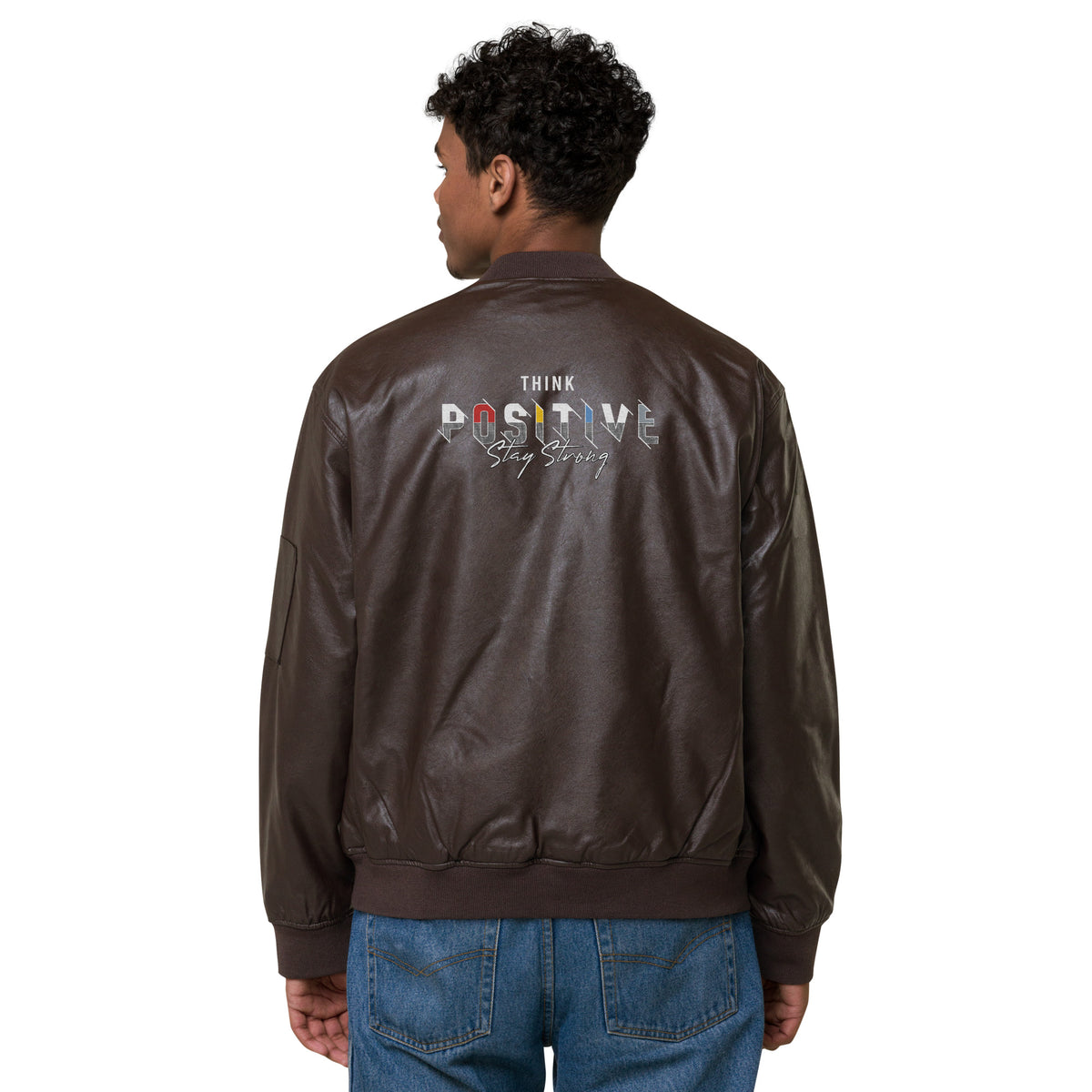 Men’s Brown Faux Leather Bomber Jacket – “Think Positive, Stay Strong”