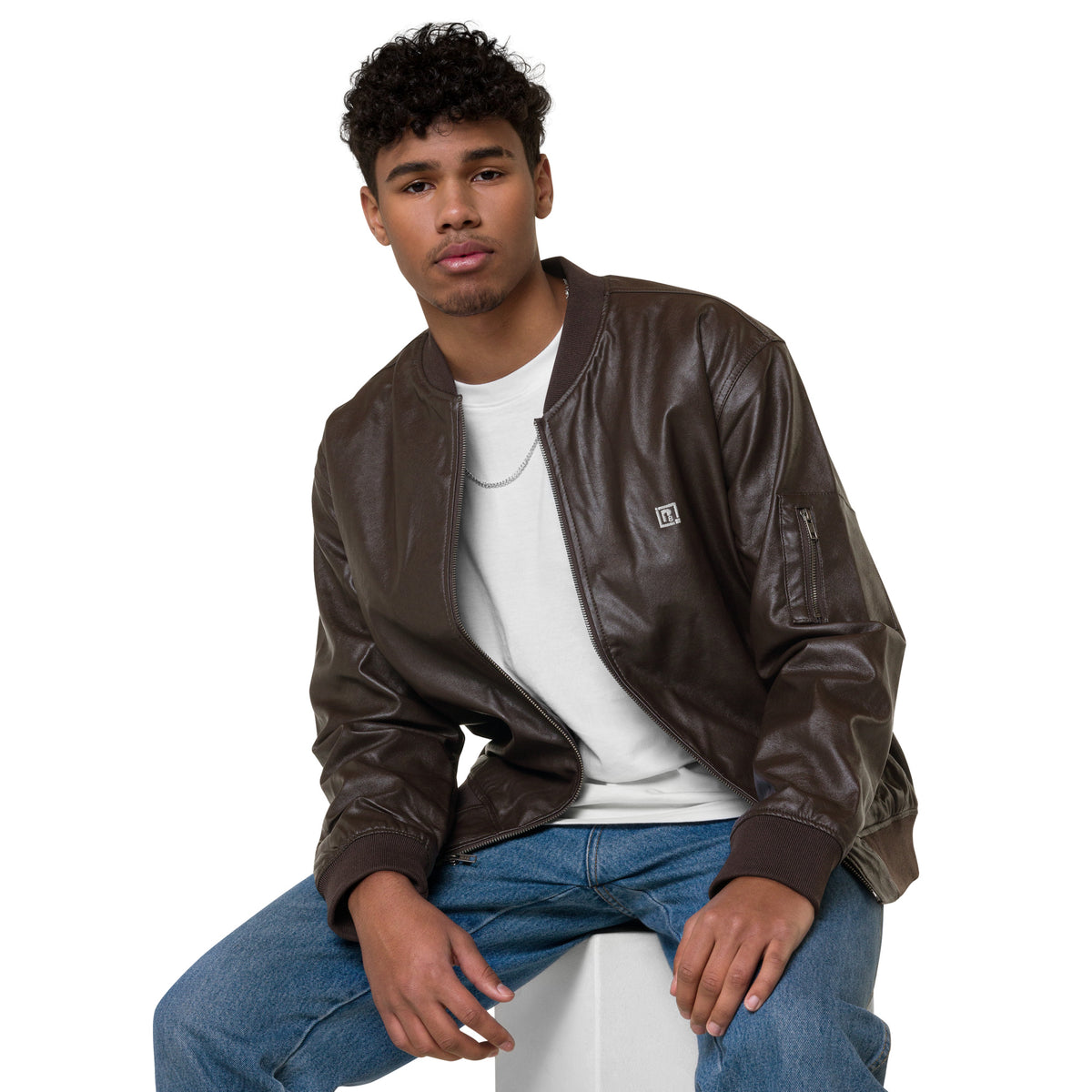 Men’s Brown Faux Leather Bomber Jacket – “Think Positive, Stay Strong”