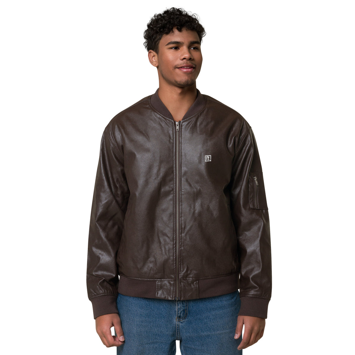 Men’s Brown Faux Leather Bomber Jacket – “Think Positive, Stay Strong”