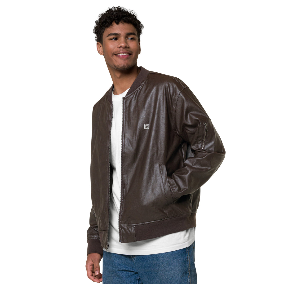 Men’s Brown Faux Leather Bomber Jacket – “Think Positive, Stay Strong”