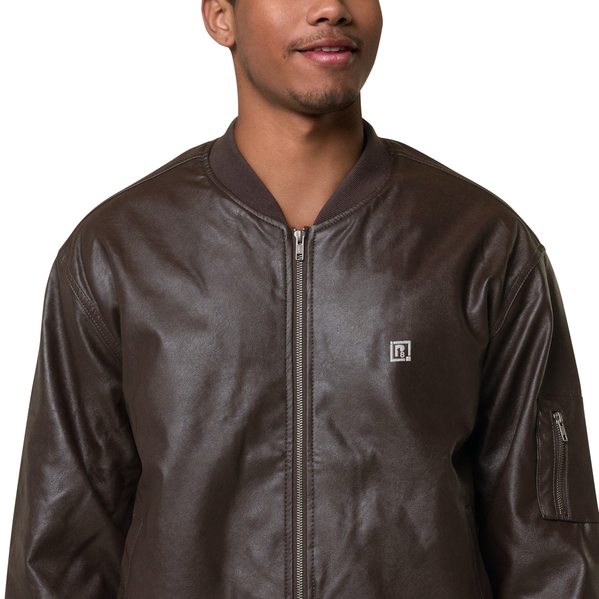 Men’s Brown Faux Leather Bomber Jacket – “Think Positive, Stay Strong”