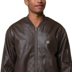 Men’s Brown Faux Leather Bomber Jacket – “Think Positive, Stay Strong”