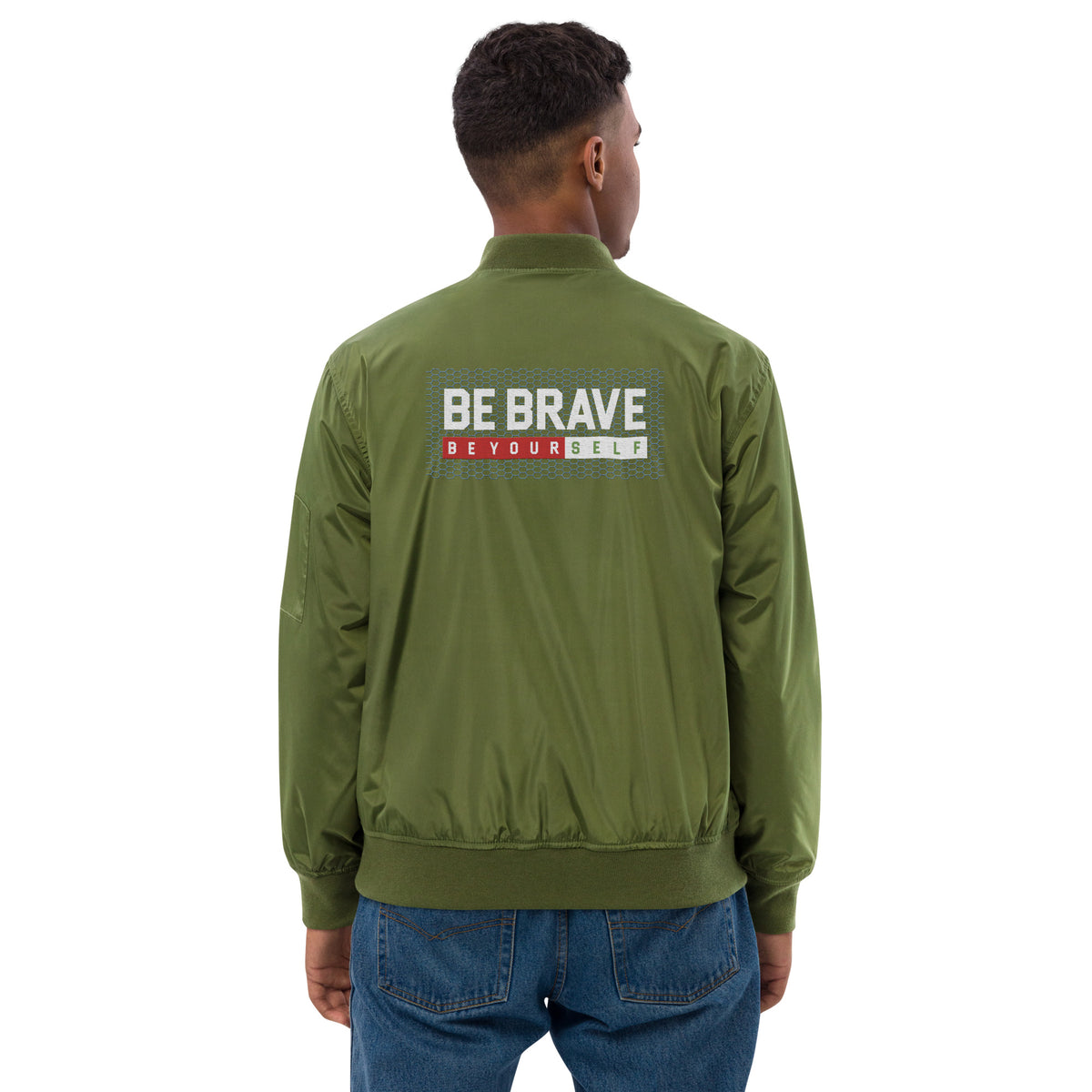 Men’s Olive Green Bomber Jacket – "Be Brave, Be Yourself"