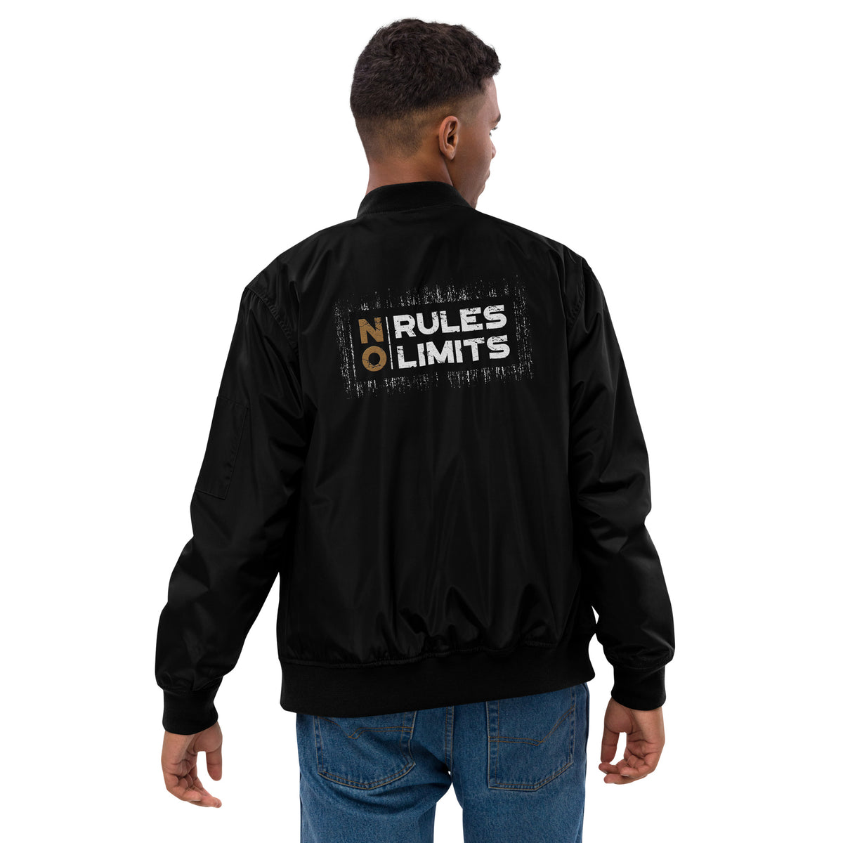Men’s Black Bomber Jacket – "No Rules, No Limits"