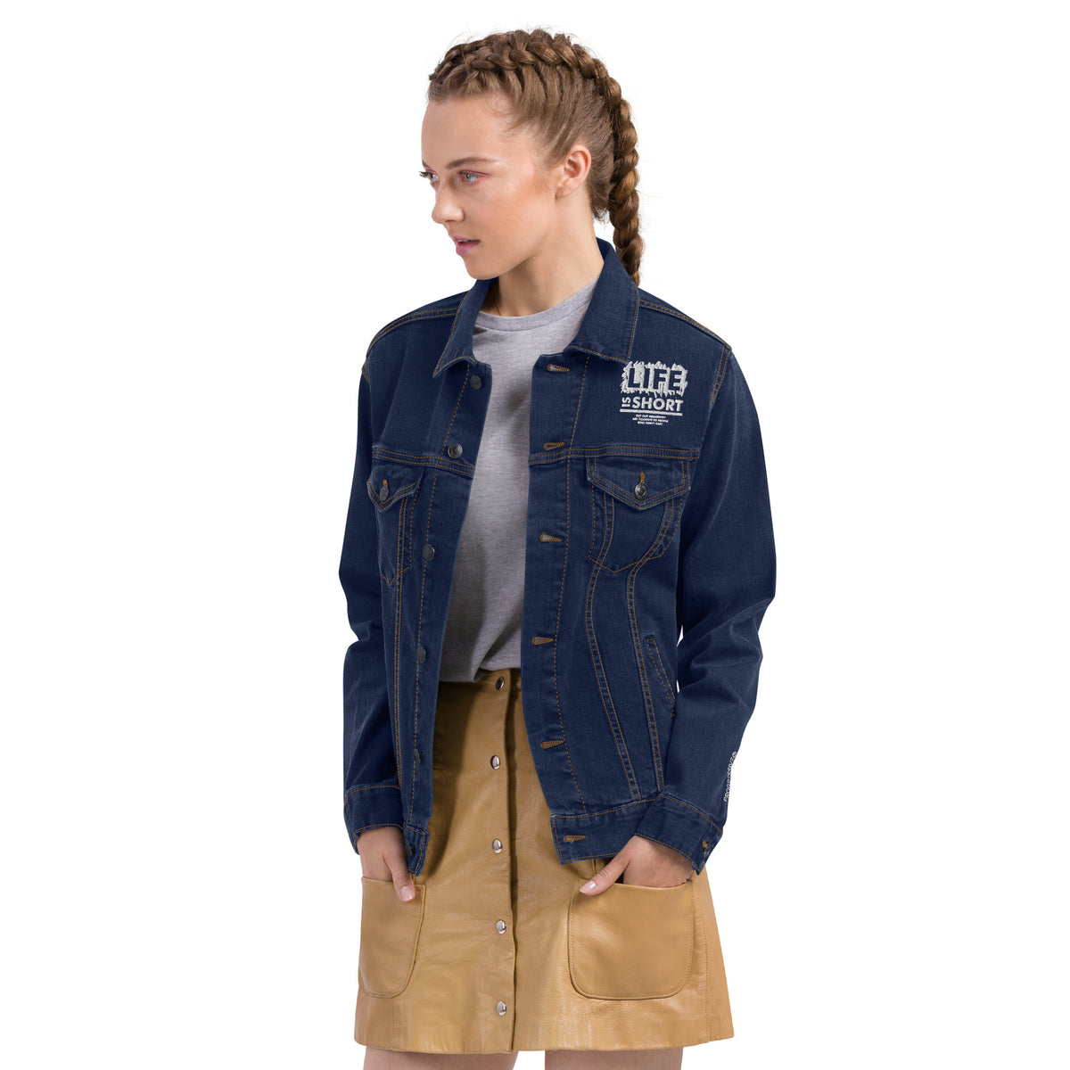 Women's Dark Blue Denim Jacket – ""Life is Short"" Casual Streetwear