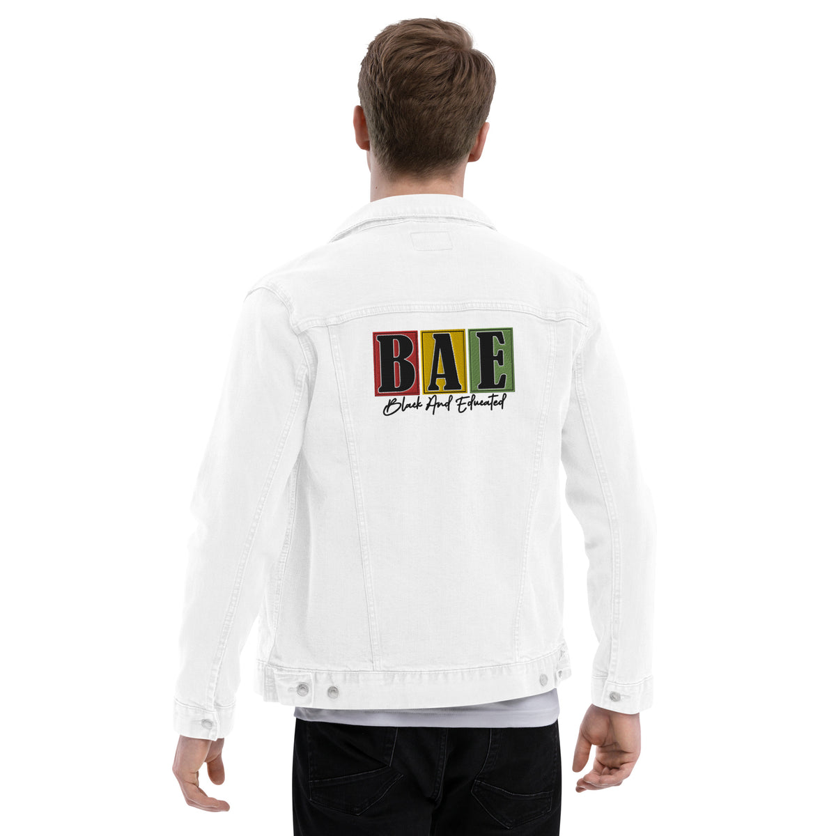 Men’s White Denim Jacket – “BAE: Black And Educated” Statement Piece