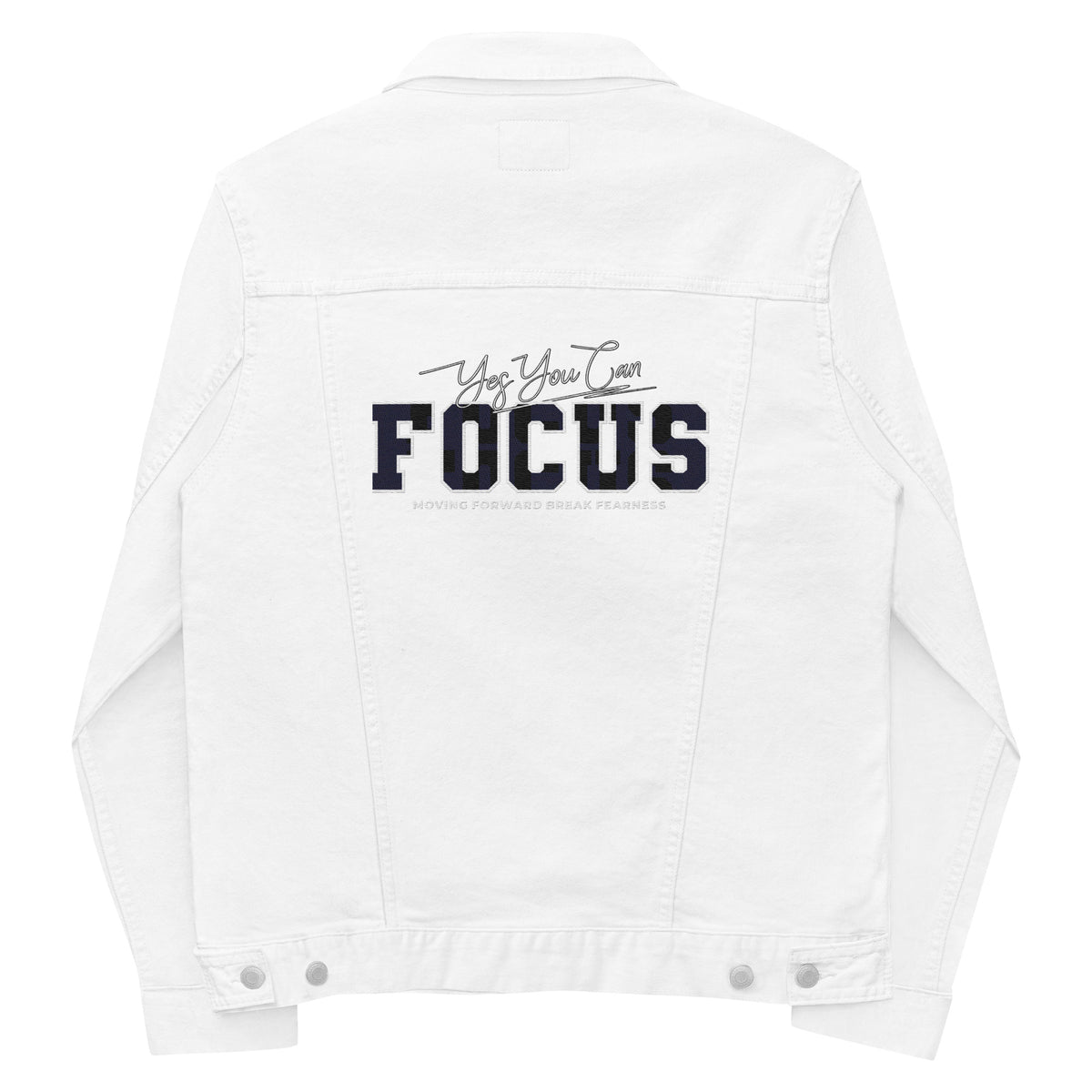 Men’s White Denim Jacket – ""Focus"" Embroidered Statement Piece