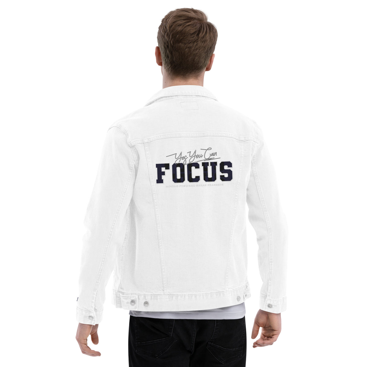 Men’s White Denim Jacket – ""Focus"" Embroidered Statement Piece