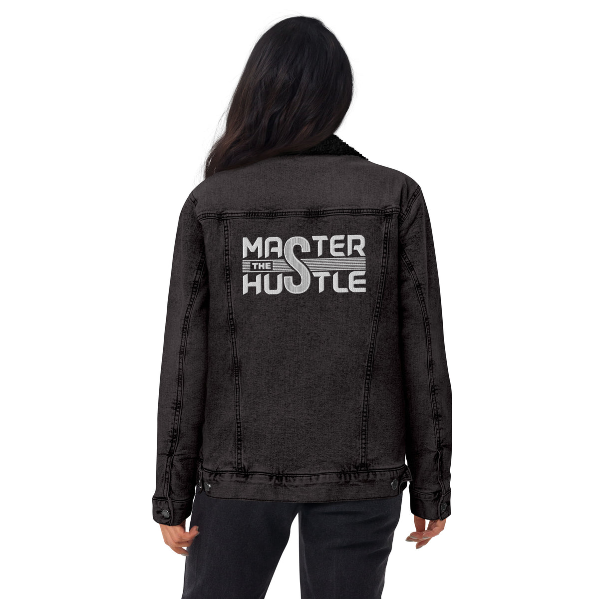 Women's Black Sherpa-Lined Denim Jacket – "Master The Hustle" Streetwear Edition