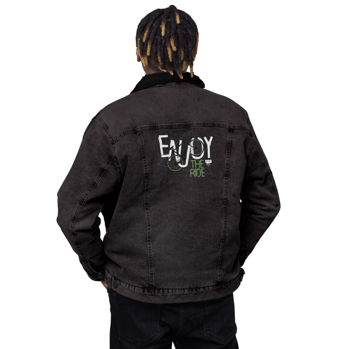 Men’s Black Denim Sherpa Jacket – ""Enjoy the Ride"" Graphic