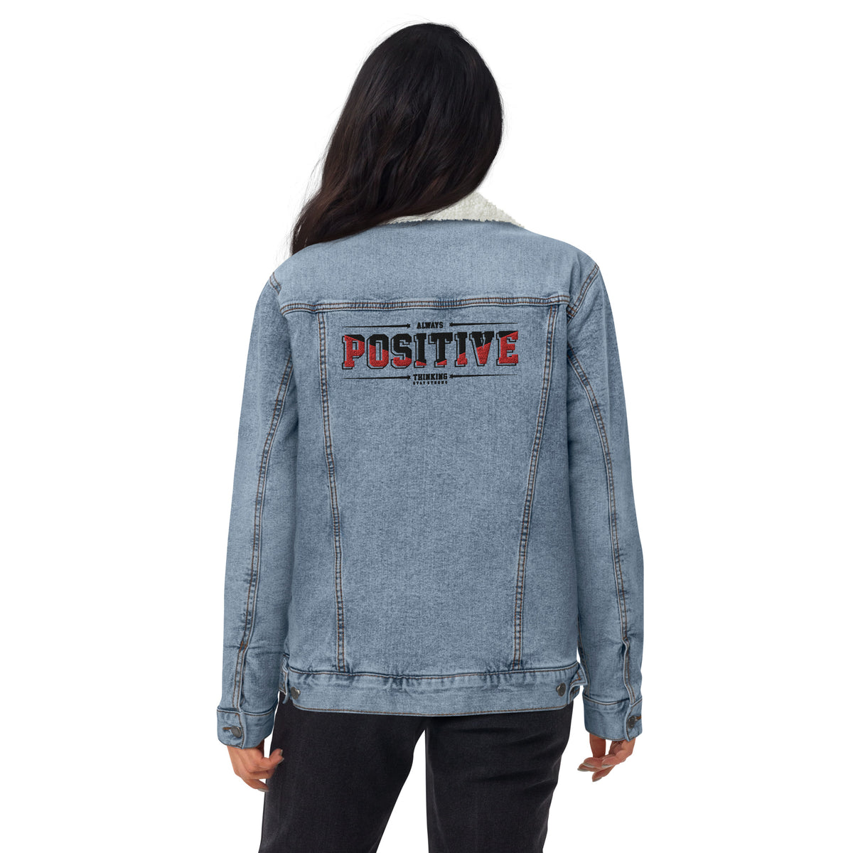 Women's Sherpa-Lined Denim Jacket – "Always Positive Thinking" Motivational Streetwear
