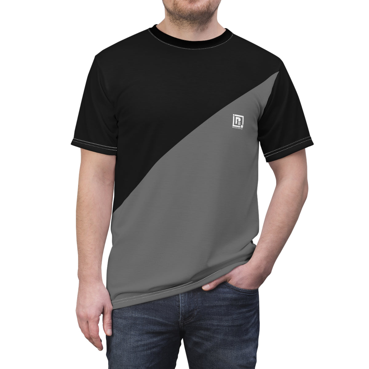 Black & Grey Diagonal Color Block Round Neck Half Sleeve Cotton T-Shirt