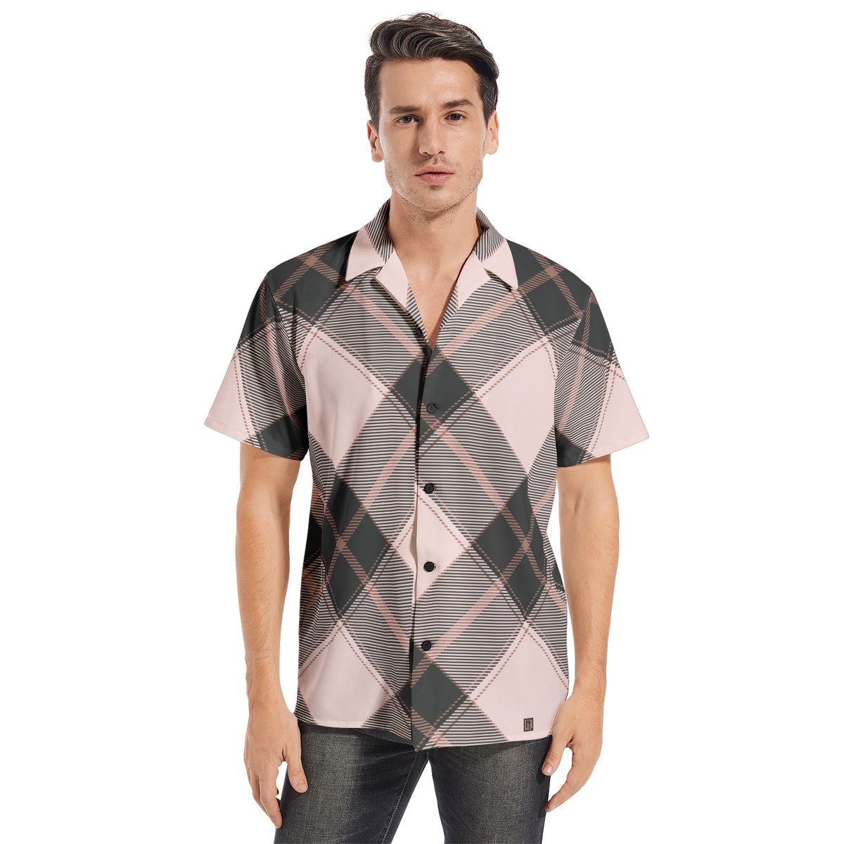 Men’s Short Sleeve Pink and Black Plaid Shirt