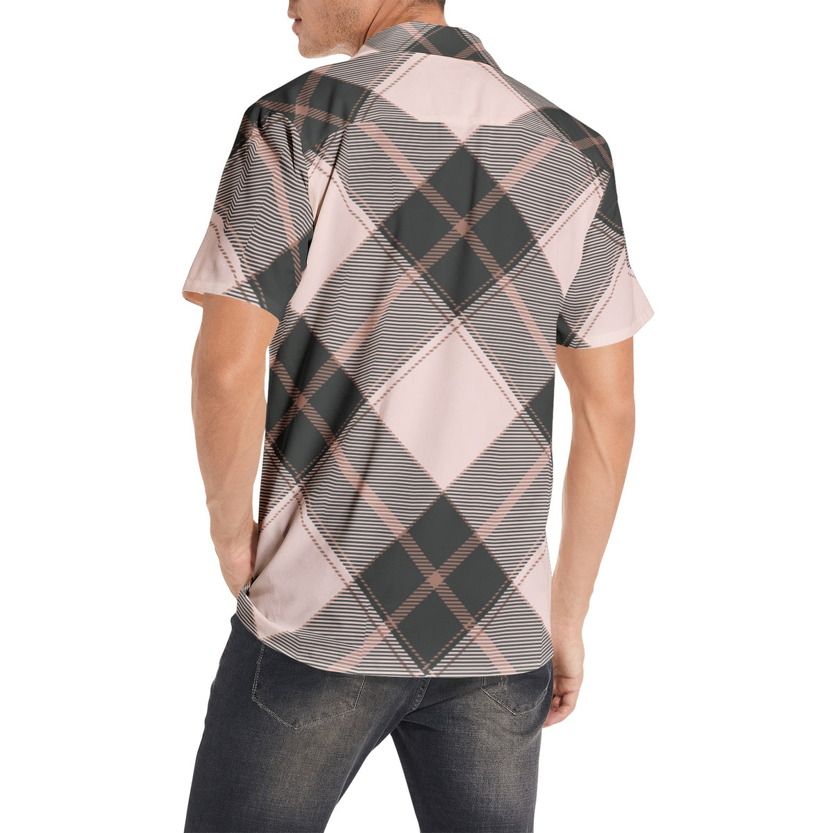 Men’s Short Sleeve Pink and Black Plaid Shirt