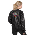 Women's Black Faux Leather Bomber Jacket – "Girls Night" Statement Outerwear