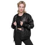 Women's Black Faux Leather Bomber Jacket – "Girls Night" Statement Outerwear
