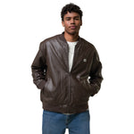 Men’s Brown Faux Leather Bomber Jacket – “Think Positive, Stay Strong”